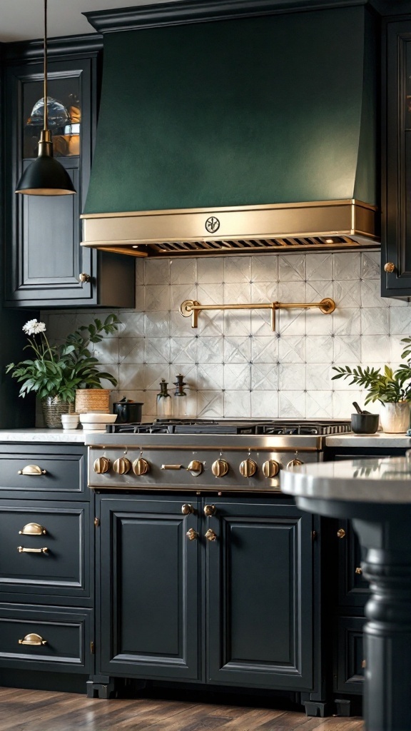 A high-end kitchen featuring dark cabinetry, a green hood, and gold accents.