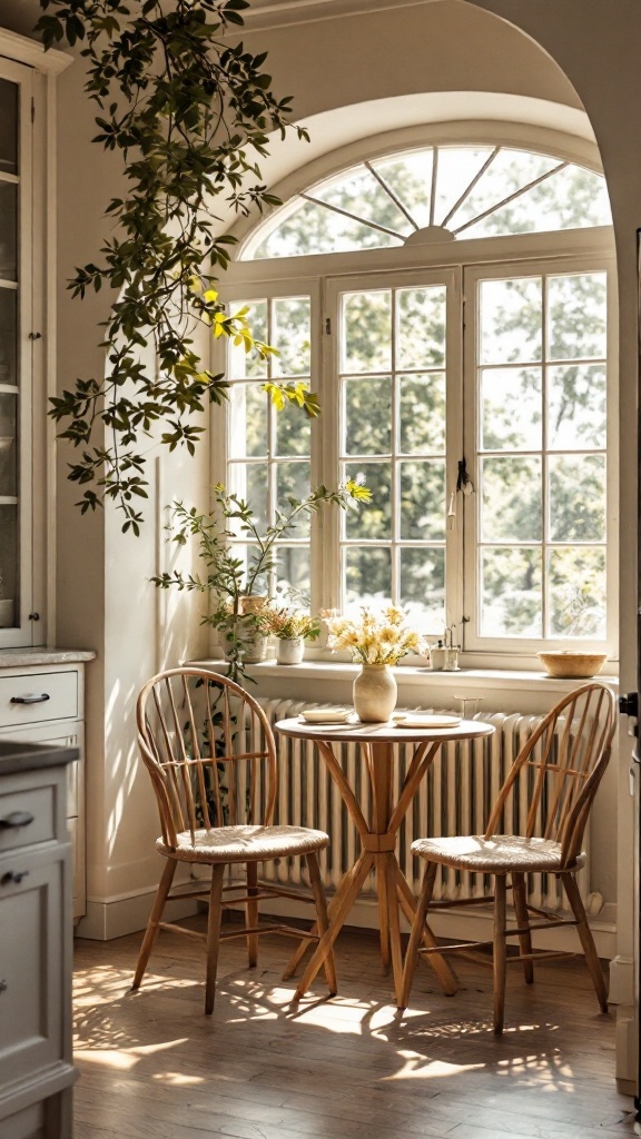 Cozy breakfast nook with a round table, chairs, and natural light from large windows.