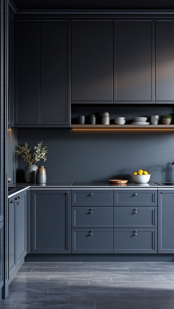 Modern kitchen with deep blue cabinets, marble countertop, and decorative items on shelves