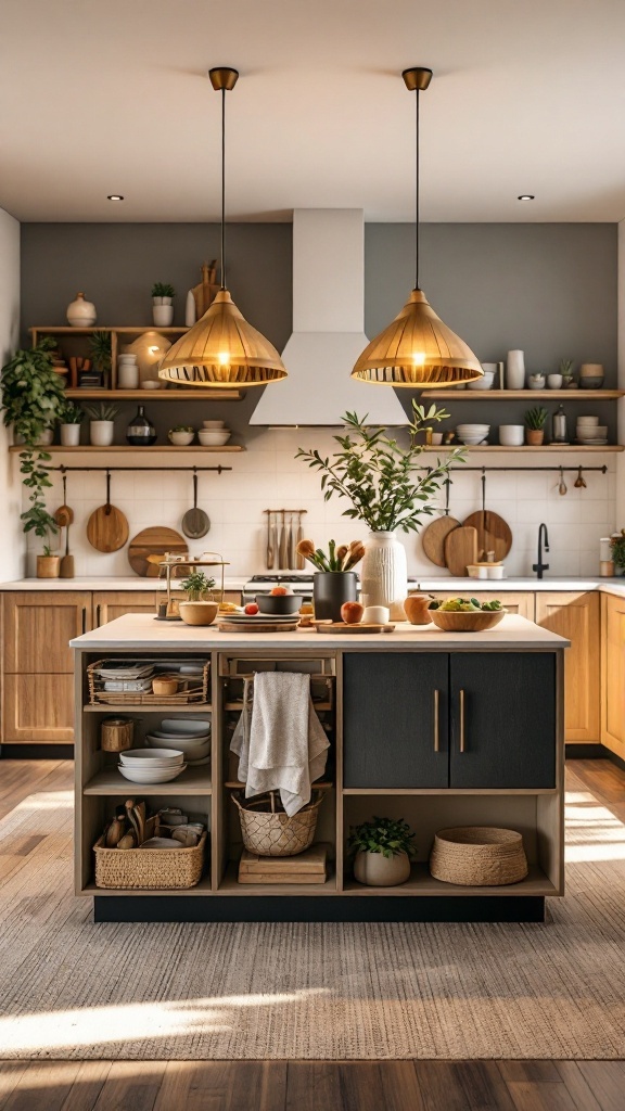 A high-end kitchen with a functional island featuring open shelving, stylish storage, and natural decor.