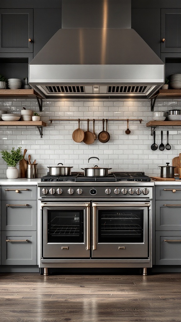 A modern high-end kitchen featuring a stainless steel range with double ovens, overhead hood, and open shelving.