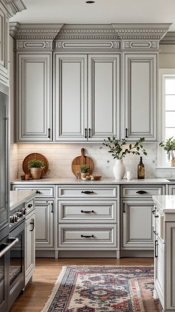 Handcrafted custom cabinetry in a high-end kitchen with gray finish, decorative moldings, and organized storage.
