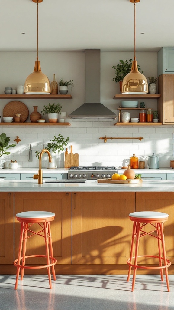 A modern kitchen with coral bar stools, gold pendant lights, and natural green plants.