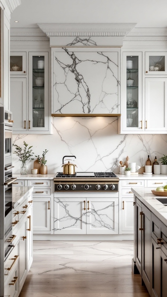 Luxurious kitchen featuring marble countertops and backsplashes with gold fixtures.