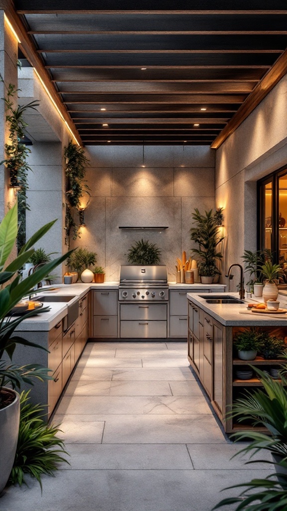 A modern outdoor kitchen with stainless steel appliances, wooden accents, and lush greenery.