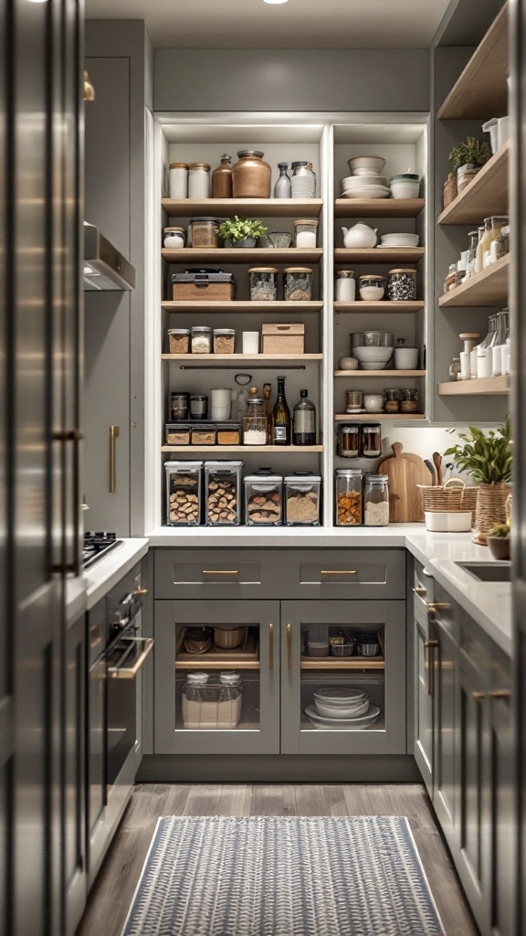 A modern pantry featuring gray cabinetry, wooden shelves, and organized jars and containers for storage.