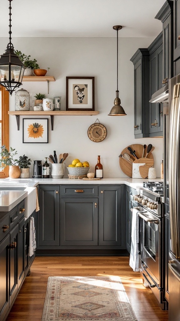 A stylish kitchen featuring dark cabinets, wooden shelves, decorative items, and pendant lighting.