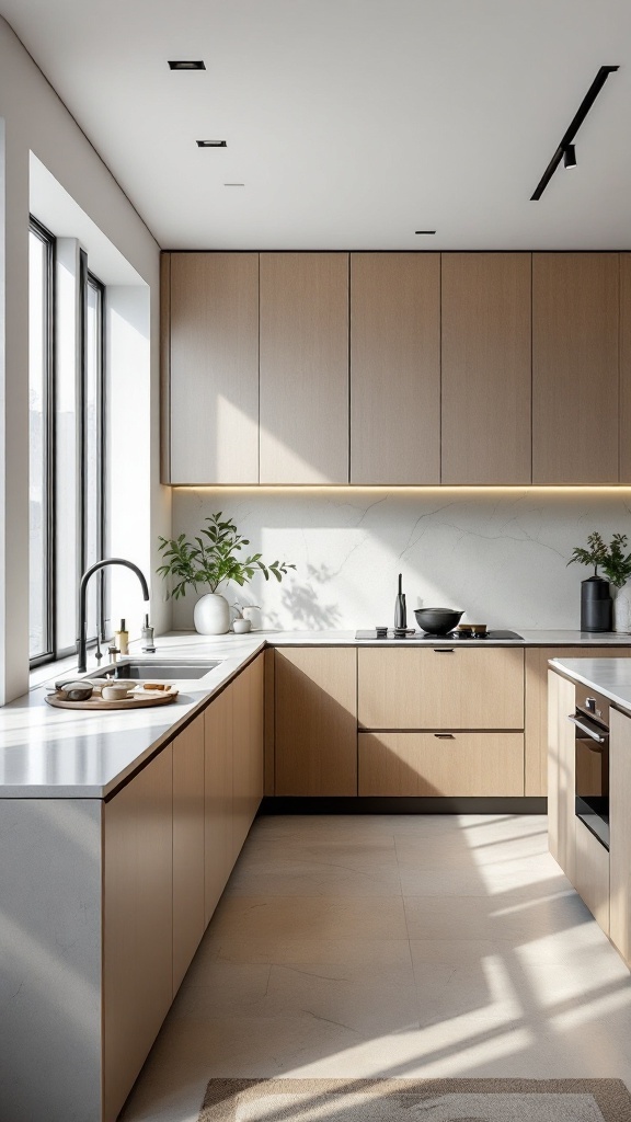 Modern kitchen with wood cabinets, minimalist design, and natural light