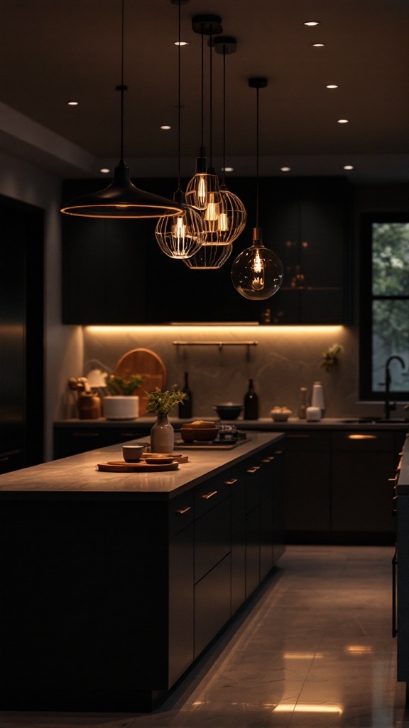 A modern kitchen with stylish pendant lights and dark cabinetry.