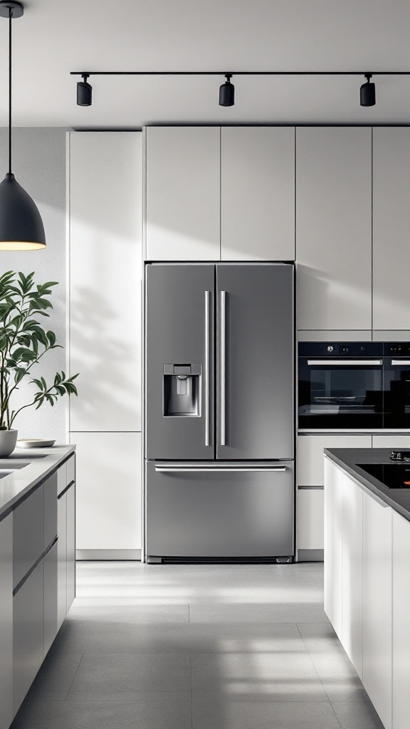 A modern kitchen featuring a sleek refrigerator, oven, and minimalist cabinetry.