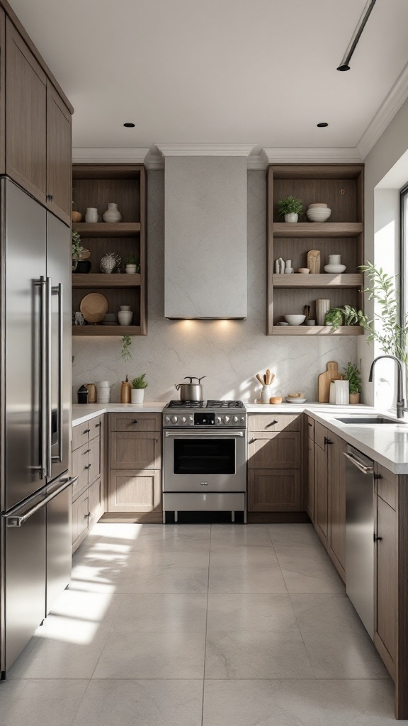 A modern kitchen with wooden cabinets, open shelving, and natural light.