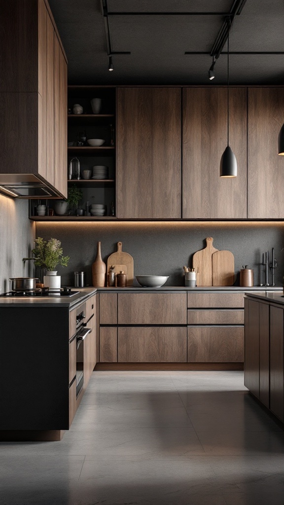Modern kitchen featuring wooden cabinetry and black countertops