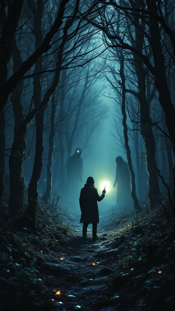 A dark forest scene with a figure holding a flashlight, illuminating the path while shadowy figures lurk in the background.