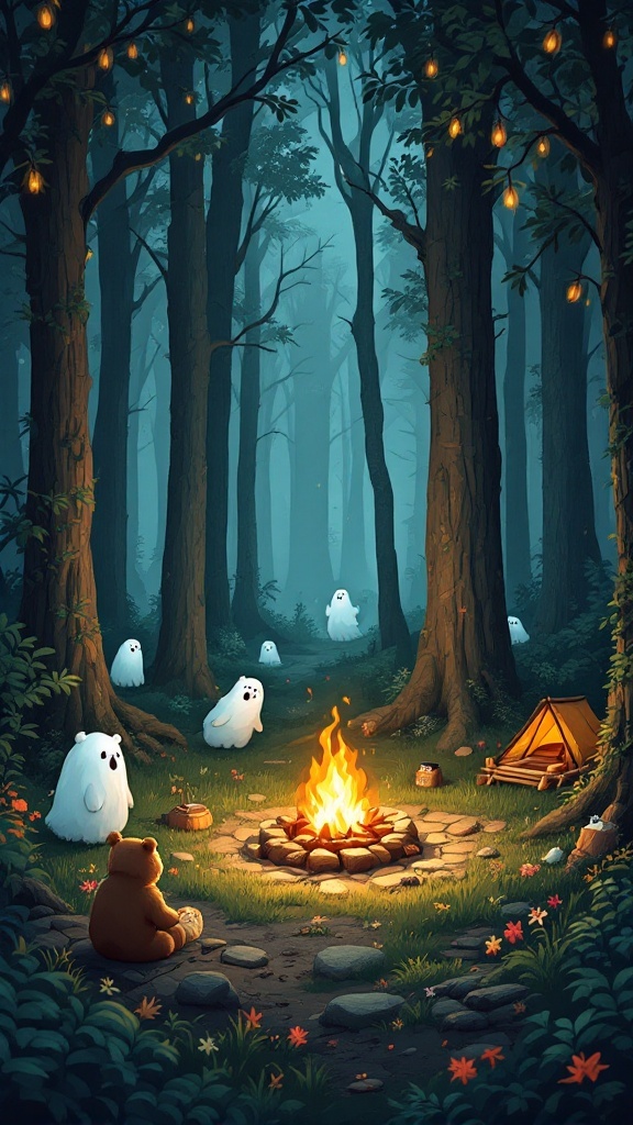 A serene campsite in a forest with a campfire, a bear sitting by the fire, and ghost-like spirits surrounding it.