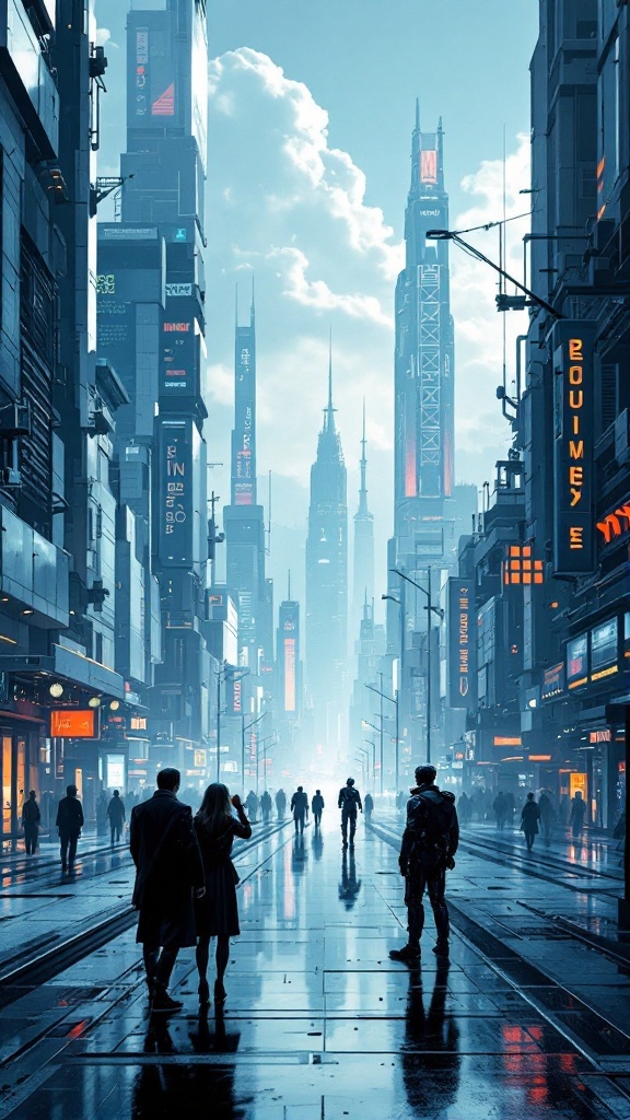 Futuristic city with tall buildings and people walking on a rainy street