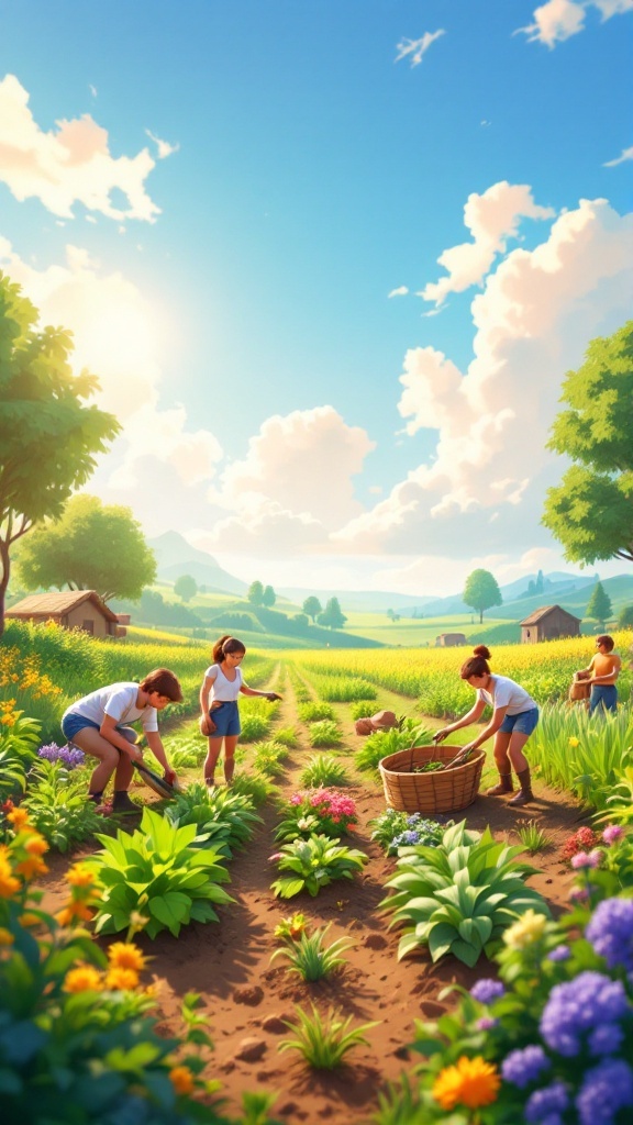 A vibrant scene from Farm Together, showing players working on a colorful farm with flowers and crops under a sunny sky.