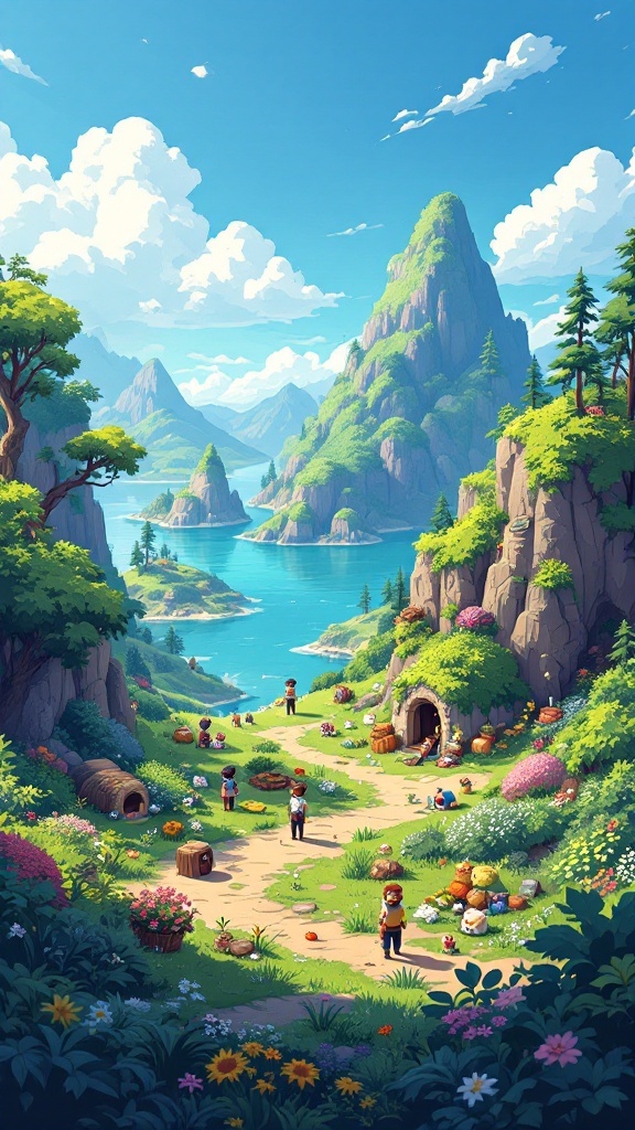 A colorful landscape from Forager showing characters gathering resources, surrounded by mountains and water.