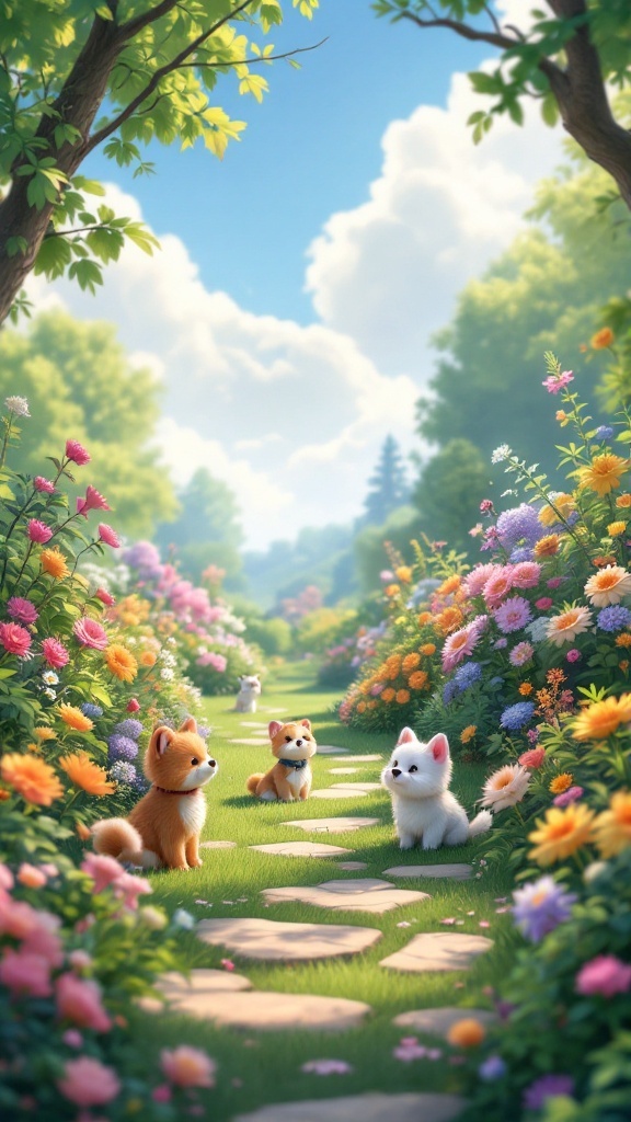 A colorful garden path with three cute dogs among blooming flowers.