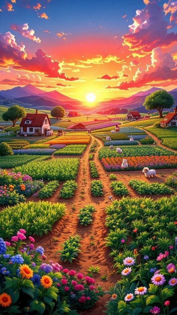 A colorful sunset over a vibrant farm landscape with blooming flowers, fields, and sheep.