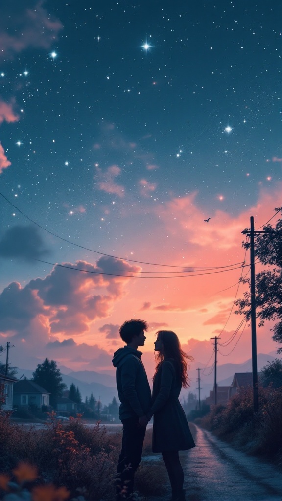 A couple silhouetted against a starry sky and colorful sunset, symbolizing connection and emotional themes.