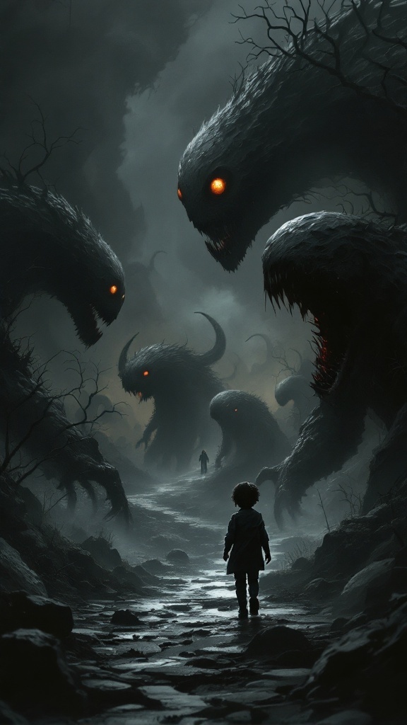 A small child stands in a dark, eerie landscape surrounded by looming, monstrous figures.