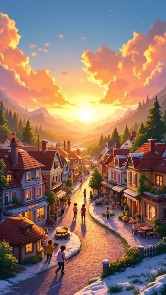 A picturesque town at sunset with cozy houses, trees, and people walking along the street.