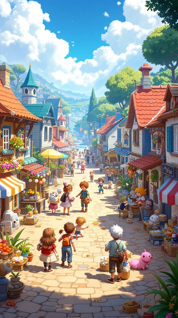 A vibrant street scene from My Time at Portia, featuring colorful shops, characters interacting, and a lively atmosphere.