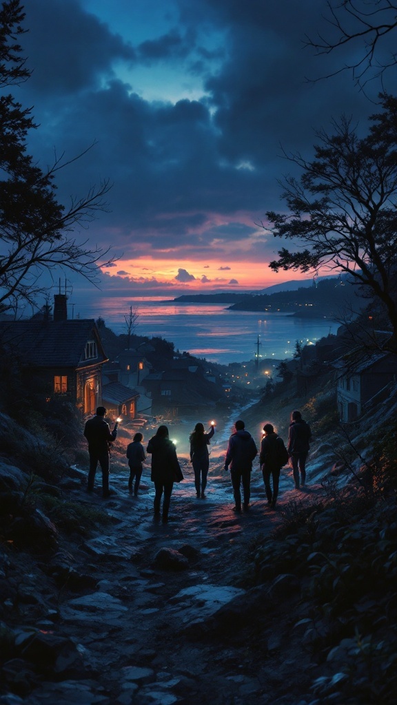 A group of people walking down a rocky path at sunset, illuminated by flashlights.