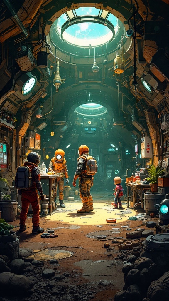 A scene from a space colony with astronauts gathered around a table in a high-tech environment.