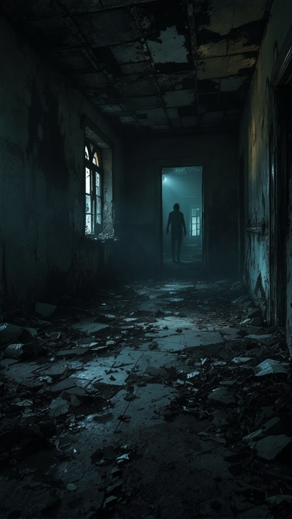 A dark, abandoned corridor with a shadowy figure in the distance, creating a sense of suspense.