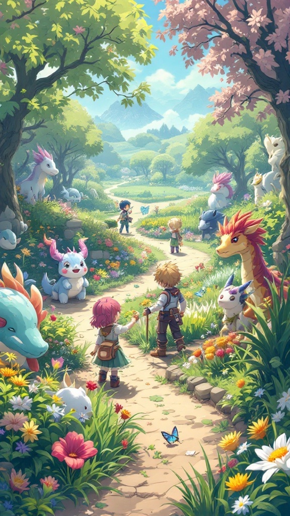 A vibrant fantasy landscape with characters exploring a lush path surrounded by magical creatures and flowers.