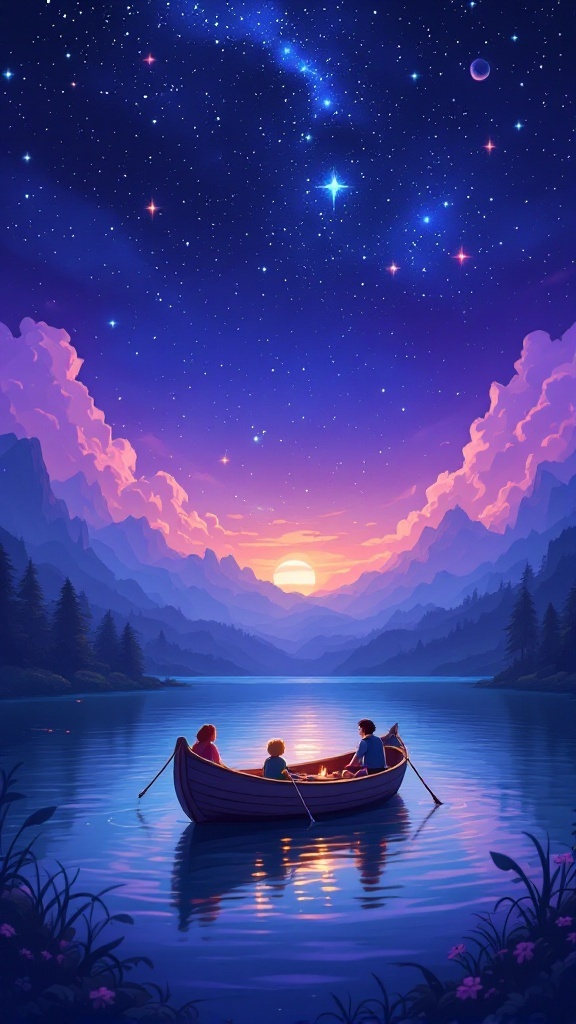 Three characters in a boat under a starry sky, reflecting the themes of friendship and farewell in Spiritfarer.