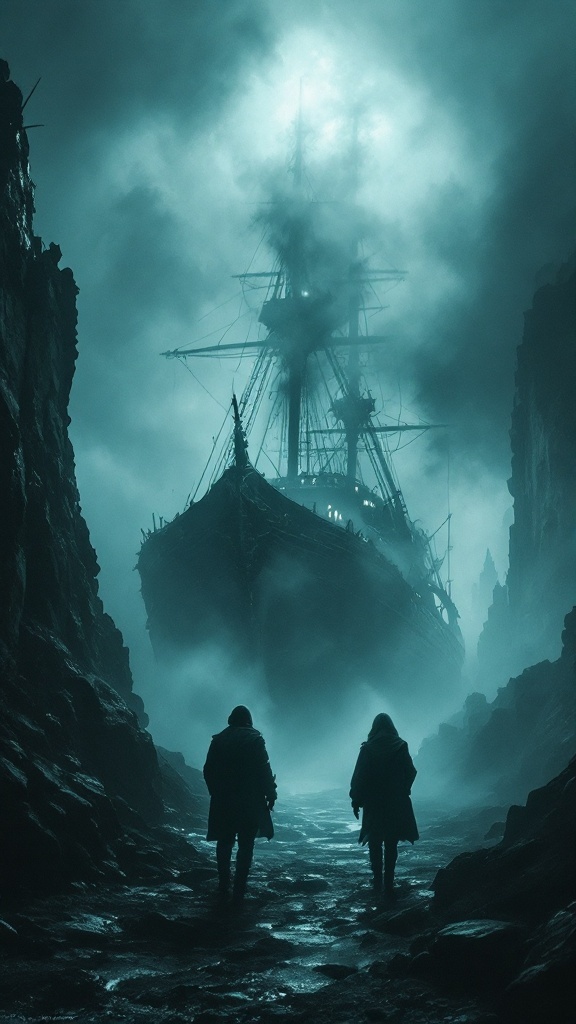 Two characters walking towards a mysterious ship in a foggy, eerie environment