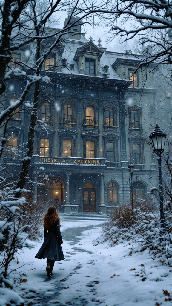 A snowy hotel scene depicting the Suicide of Rachel Foster