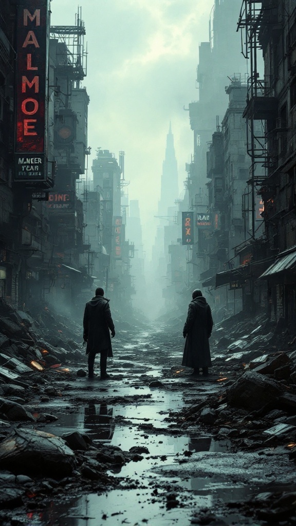 A desolate urban landscape with two hooded figures standing in a misty street