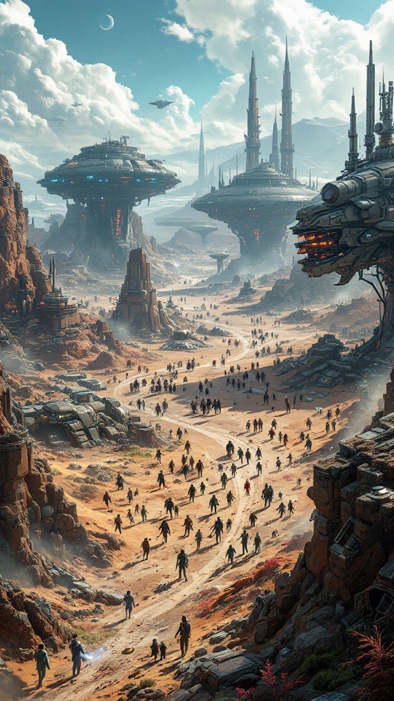 A vast alien landscape with futuristic structures and crowds of characters, indicating a sci-fi strategy game.