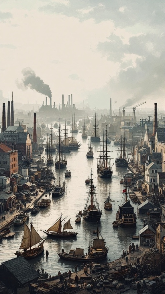 A busy harbor scene depicting ships and industrial activity, representing the city-building aspect of Anno 1800.