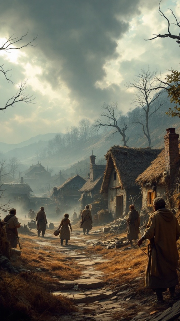 Villagers walking through a rustic settlement with thatched-roof houses and a moody sky