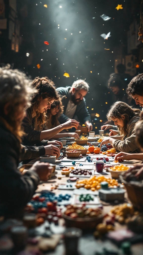 A lively gathering of people sorting colorful game pieces on a large table