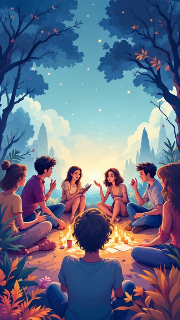 A group of friends sitting around a campfire, sharing stories in a serene outdoor setting.