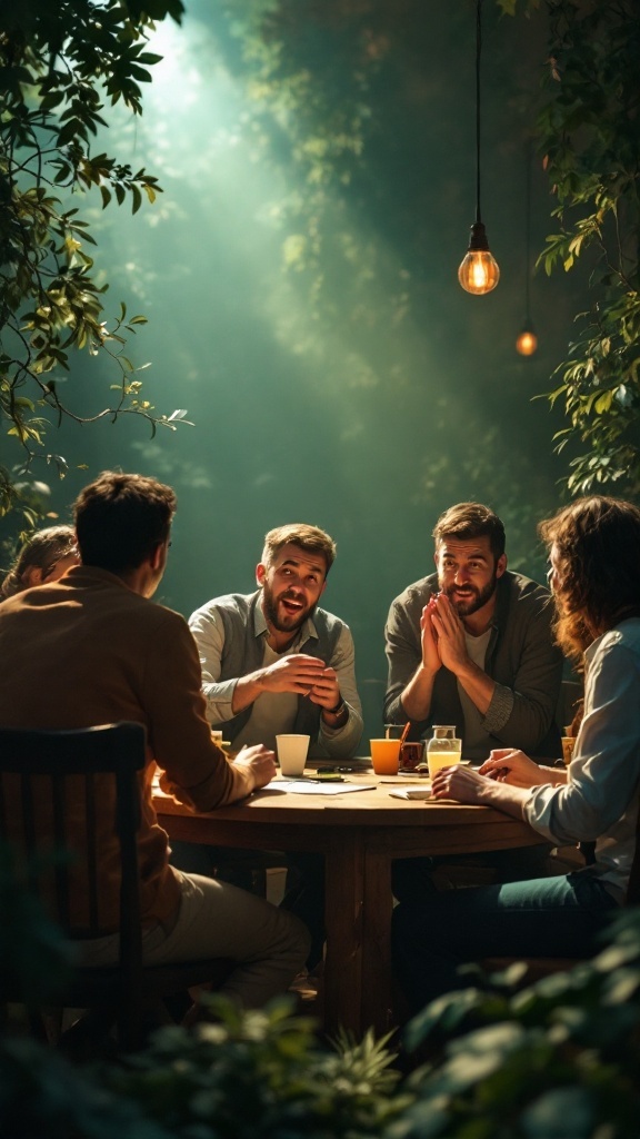 A group of friends enjoying a game night outdoors with a warm atmosphere and greenery.