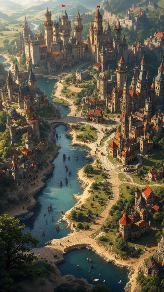 A picturesque medieval landscape featuring castles, rivers, and villages, representing the setting of Crusader Kings III.