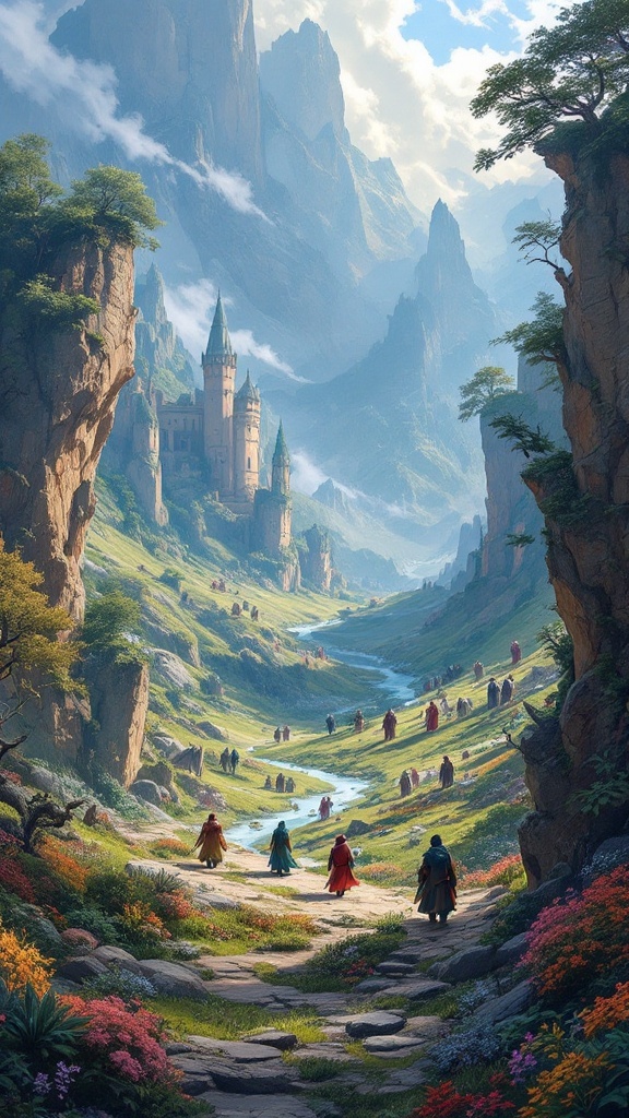 A fantasy landscape featuring a castle in the mountains, with characters walking through a colorful valley.