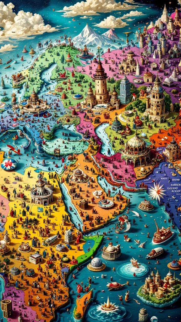 A colorful illustration of a world map depicting various historical civilizations with landmarks and scenes of activity.