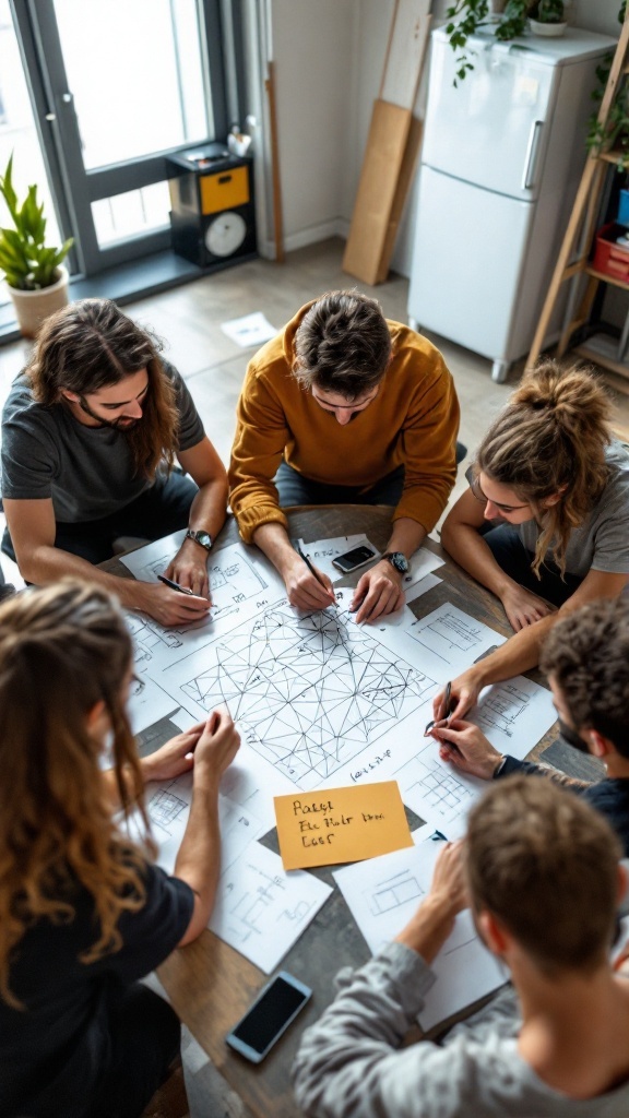 A group of people working together on a logic puzzle with papers and diagrams spread out on a table.