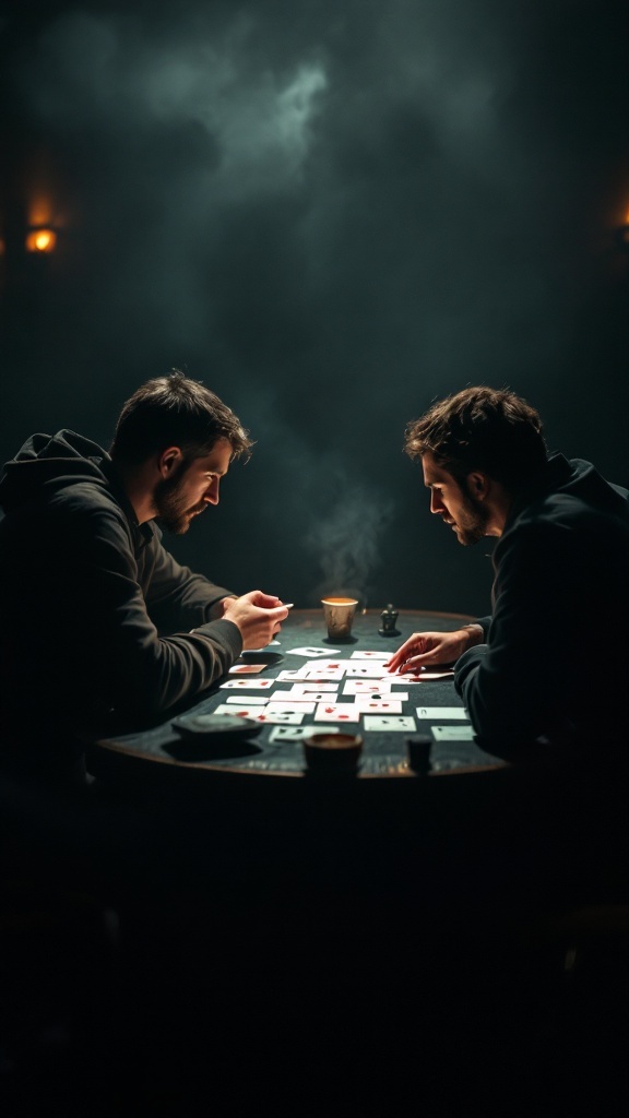 Two players engaged in a memory recall game, focused on cards on a table in a dimly lit environment.