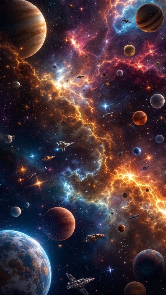 A colorful depiction of space featuring planets, stars, and nebulae, representing the theme of exploration in Stellaris.