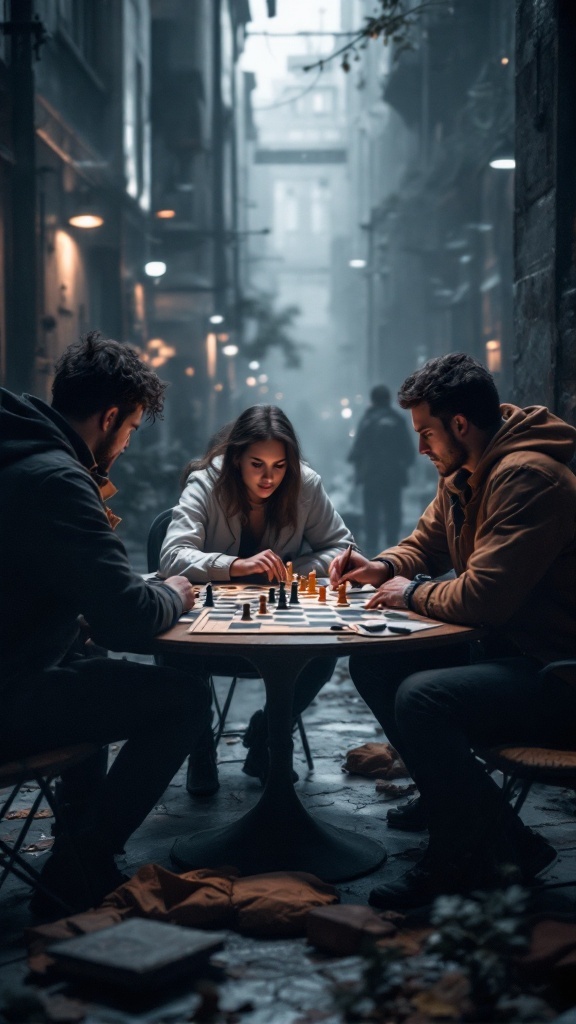 Three people playing a strategy game in an urban alley