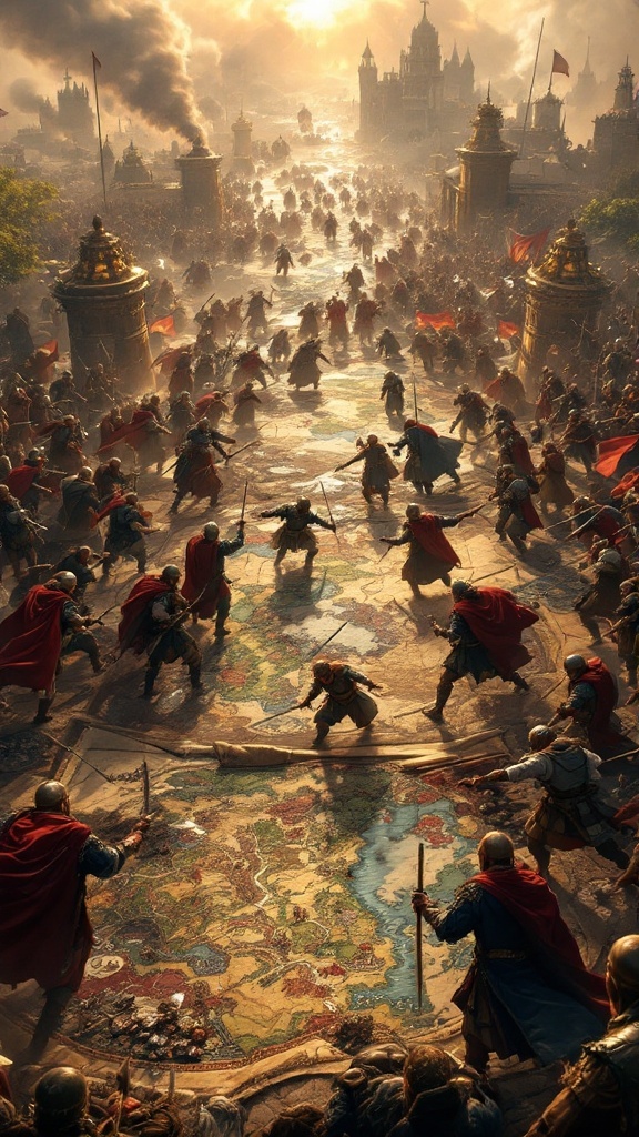 A large battlefield scene from the Total War series, showcasing numerous warriors in combat over a detailed map.