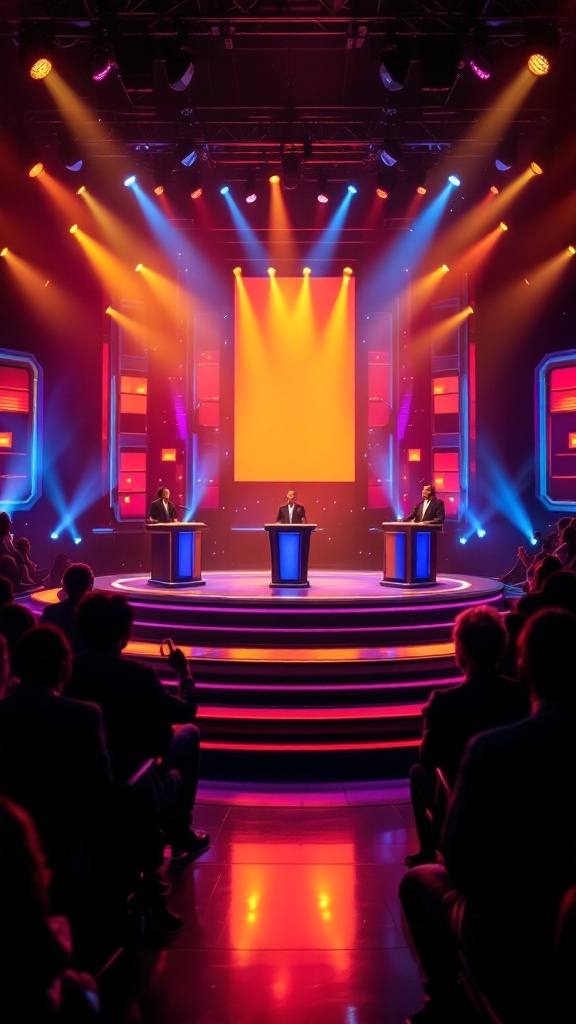 A bright trivia quiz show stage with contestants at podiums under colorful lights